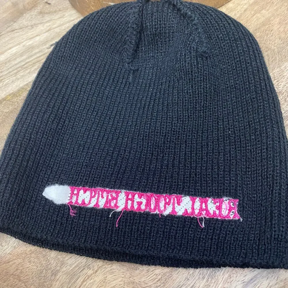 RTB Real Tough Babe Black Biker Beanie Knit Stocking Cap Hat Pink Embroidered